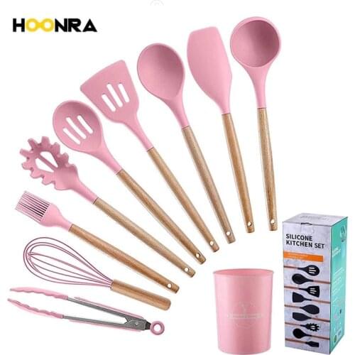 HOONRA 9pcs Silicone Kitchen Utensils Set Wooden Handle Cooking Tool Set Non-stick Spatula Shovel With Storage Box Kitchen Tool