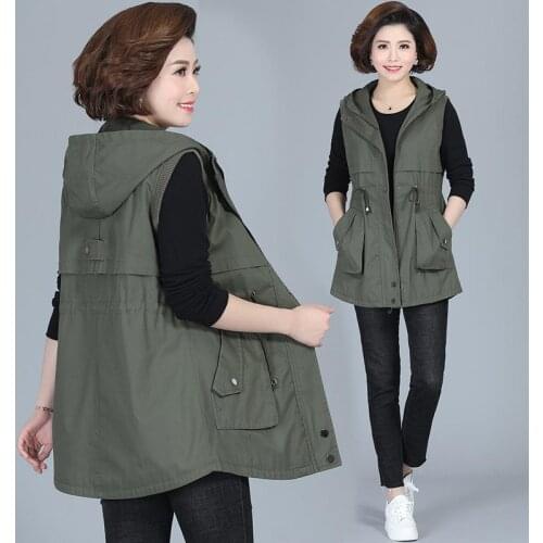 Autumn Vest Jacket Womens Mid-length Hooded Waistcoat Coat Middle-aged Mothers Adjustable Waist Plus size Casual Zipper Outwear