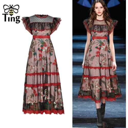 Tingfly Runway Designer Butterfly Embroidery Party Dinner Dresses Ruffles Lace A Line Dress Midi Tea Length Dress Elbise Haut D