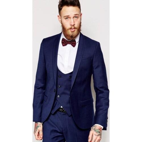 Center Vent Groomsmen Shawl Lapel Groom Tuxedos Navy Blue Men Suits Slim Fit Wedding Best Man Blazer (Jacket+Pants+Vest+Tie) C53