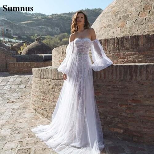 Sumnus Bohemian Wedding Dresses A Line Strapless Lace Appliqued Long Sleeve Wedding Dress Princess Boho Bridal Gowns Plus Size