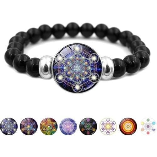 Mysterious Metatron Cube Snap Button Bracelet Sacred Geometry Flower of Life Elastic Black Beads Strand Bracelets for Men Women