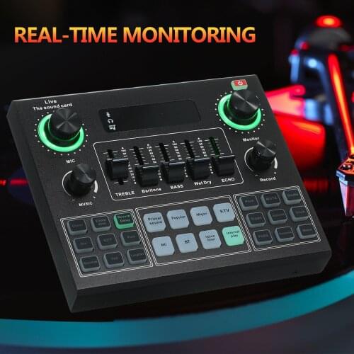 V9 Live Sound Card BT Accompaniment Audio Mixer with Sound Effects Broadcasting Recording Network Singing on Phones Laptop