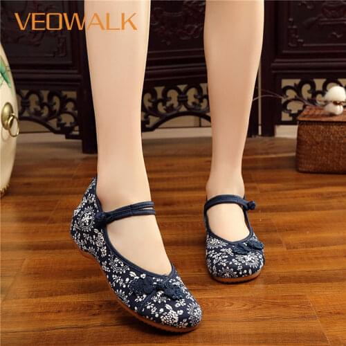 Veowalk Vintage Women Floral Cotton Ballet Flats Minimalist Vegan Ballerina Shoes for Ladies Soft Comfort Woman Baleriny Shoes