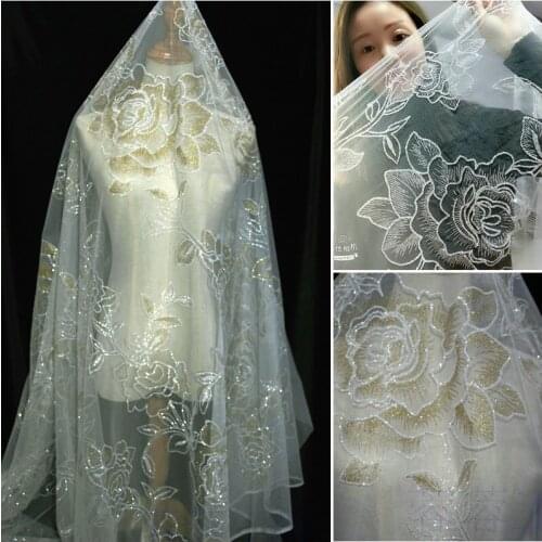 GLace 1Y/lot champagne gold bronzed flower sequins mesh fabric for cloth dress wedding decoration TX 1452