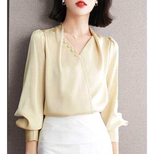Elegant Acetate Satin Blouse Womens Korean Design Women shirt Autumn 2021 Beaded Retro Office lady Tops