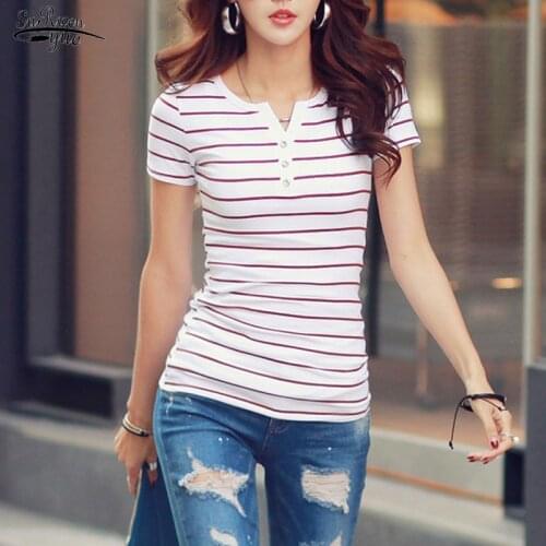 2021 Summer Tops Women Cotton Short Sleeve V-neck Women Tshirt Office Lady Casual Striped T-shirt Femal Tees Clothes 3188 50