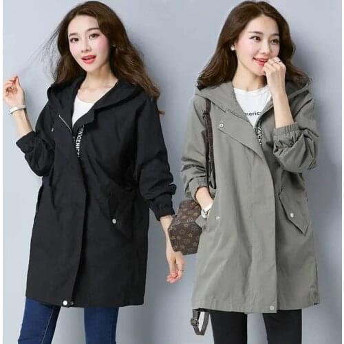 2021 New Spring Autumn Womens Windbreaker Overcoat Mid-Length Loose Plus Size Ladies Jacket Zip Hooded Female Outerwear