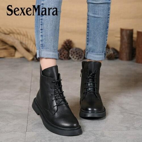 SexeMara Retro Solid Black Women Ankle Boots Vintage Genuine Leather Winter Autumn Warm Womens Boots Lady Lace-up Flat Shoes