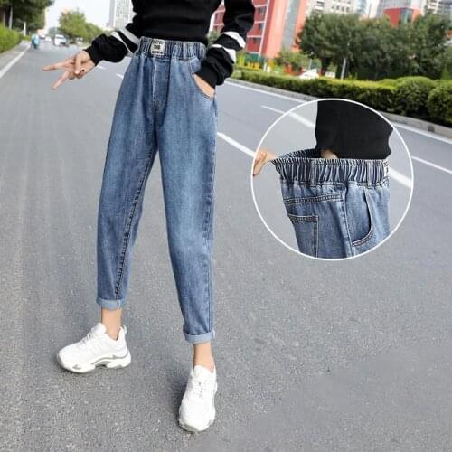 Jeans Women Harem Ankle-length Trousers Female Elastic Waist Blue Washed Simple Plus Size Fashion Casual Loose Clothes Jean