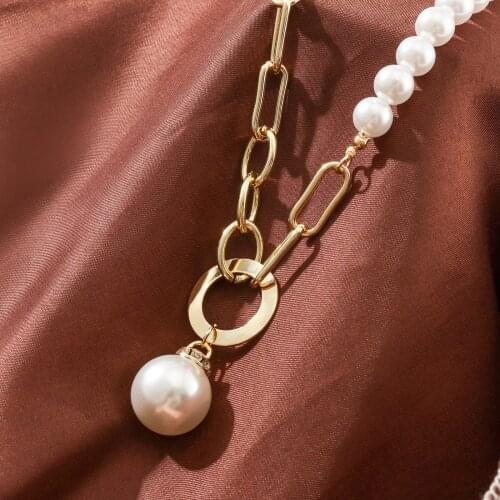 Korean Fashion Party Pearl Necklaces For Women Gold Metal Statement Geometric Hanging Necklaces 2021 Trend Female Modern Jewelry