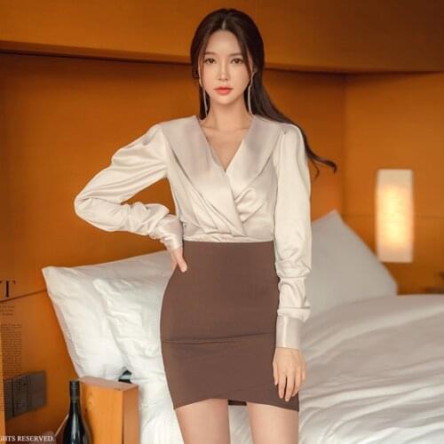 Korean style women two piece set spring new arrival office lady v-Neck long sleeve shirt + High waist slim bodycon skirt suits