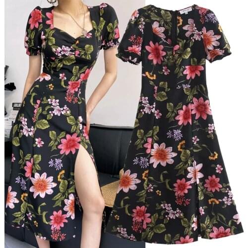 YVYVLOLO Sleeve Sundress Female 2021 Square Collar Draped Elegant Womens Dress Summer Split Fashion Beach Dress Girl