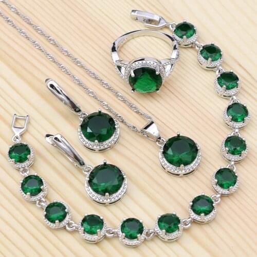 Round Stone 925 Silver Bridal Jewelry Sets For Women Natural Green Cubic Zirconia Ring Bracelet Necklace Pendant Earrings