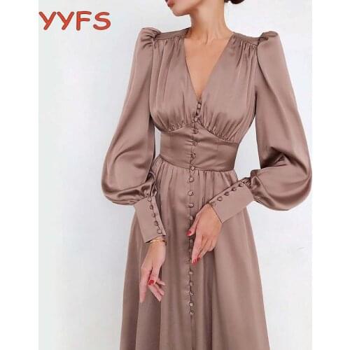 Satin Long Dress Women Puff Sleeve Spring V-Neck Party Pleated Dress Casual Elegant Bodycon Dress Ladies Chic Ruched Dresses