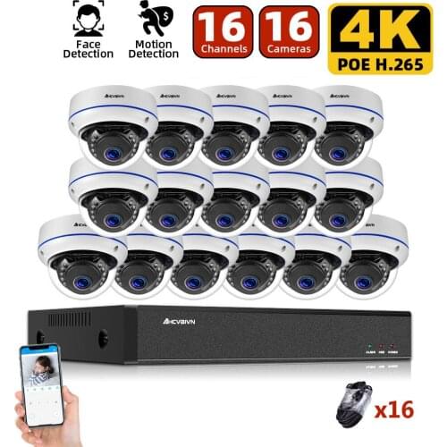 AHCVBIVN H.265 16CH 4K POE NVR Kit 8MP CCTV System 8MP Indoor Outdoor VandalProof Security IP Dome Camera Video Surveillance set
