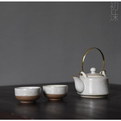 Handmade Japanese crude pottery tea pot cup white glaze teapot tea set copper handle teaware Chinese ceremony