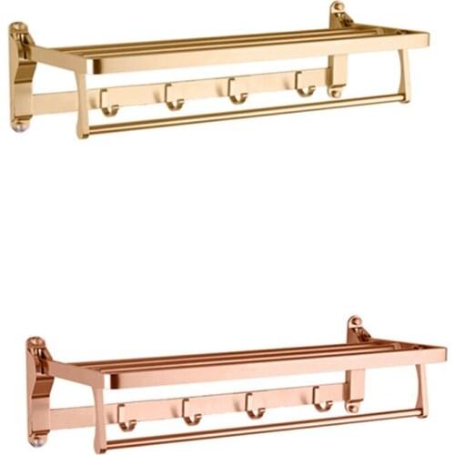 Towel Holder Bathroom Space Aluminum Rose Gold Hanger Fold Matt Bath Towel Rack Wall Mount Washroom Shelf