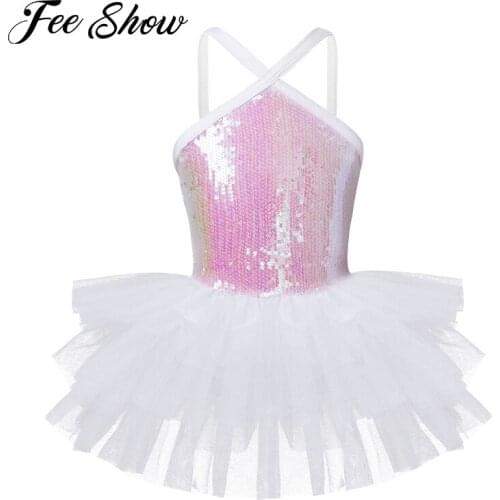 Kids Girls Sleeveless Halter Sequins Ballet Dance Gymnastics Leotard Tutu Dress for Childrens Dancewear Ballerina Fancy Costume