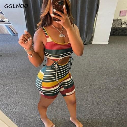 GGLNOO Summer new fashion casual pit stripe striped lace jumpsuit office lady fashion tracksuits