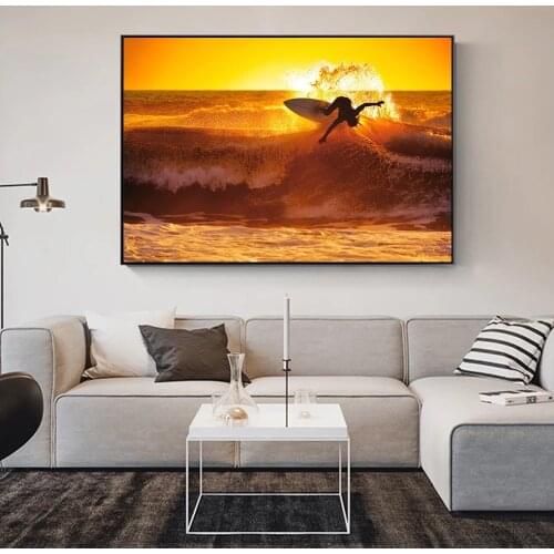 Surfing Waves Canvas Paintings On The Wall Posters And Prints Sunset Scenery Seascape Wall Pictures For Living Room Cuadros