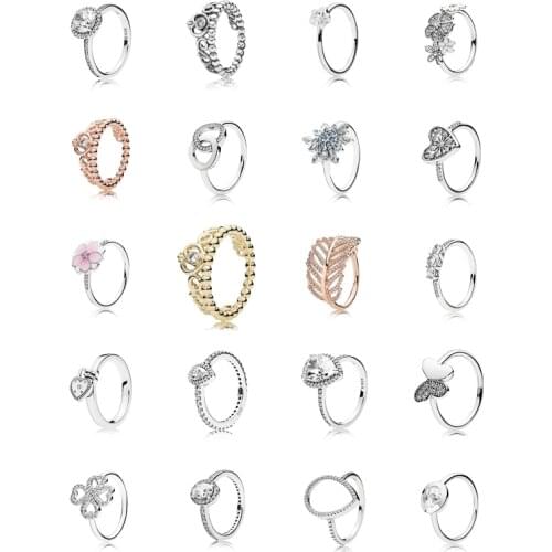 925 Sterling Silver Ring Rose Shimmering Feather With Crystal Rings For Women Wedding Party Fashion Jewelry