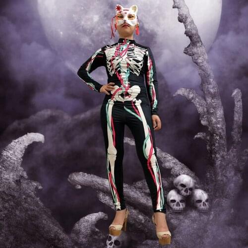 Adult Halloween Party Costume Scary Skeleton Devil Ghost Jumpsuit Cosplay Female Skull Print Tights Catsuit Carnival Party Wear