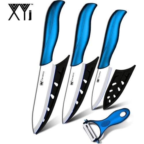 Ceramic knife 3" paring 4" utility 5" slicing knife with one blue handle + white balde peeler cooking tools kitchen knives set