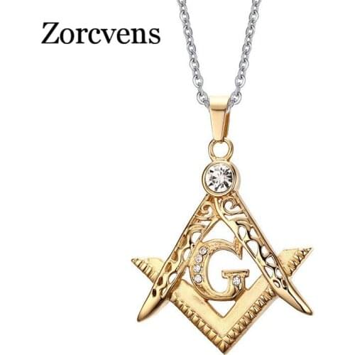 Modyle New Fashion Jewelry Wholesale Gold-Color Stainless Steel Cubic Zirconia Masonic Pendant Necklace for Men