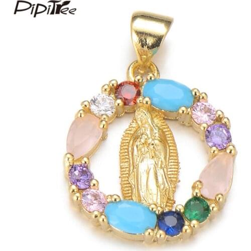 Pipitree Multicolor Birthstone Cubic Zirconia Round Virgin Mary Charms DIY Copper Women Pendant Charms Jewelry Accessories