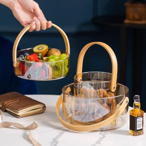 Clear Glass Serving Tray with Handle Round Candy Storage Pastry Fruit Gift Basket Food Organizer Kitchen Supply for Home Decor