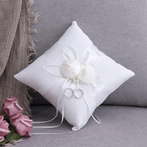 20*20cm Satin Bowknot Ribbon Bridal Wedding Ceremony Ring Bearer Pillow Pearl Cushion (White)