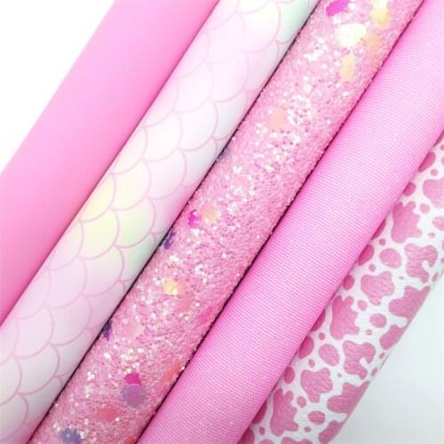 PInk Glitter Leather Fabric , Mermaid Printed Faux Fabric Synthetic Leather Fabric For Bow 21x29CM Twinkling Ming KM398