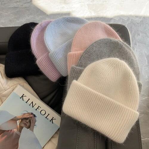 Luna&Dolphin Winter Warm Women Angola Long Rabbit Fur Hat Strip Macaron Color Cap Windproof Ear Protection Couples Pile Hats
