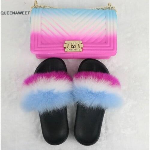 Women Summer Fox Fur Slippers Colorful Jelly Bag Cute Fluffy Slippers Fashion Furry slides Plush Slipper Sets Fox Fur Slides