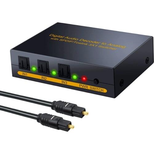 SPDIF Switch 3 Port Digital Audio Decoder to Analog with SPDIF Toslink 3×1 Switcher 5.1 Channel SPDIF 2xRCA 3.5mm jack Headphone