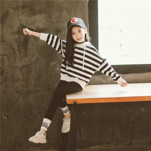 Teenage Girls Sports Clothing Sets Striped Hoodies Shirts+ Long Pants Spring Autumn Children Kids Tracksuits 2Pcs/Sets