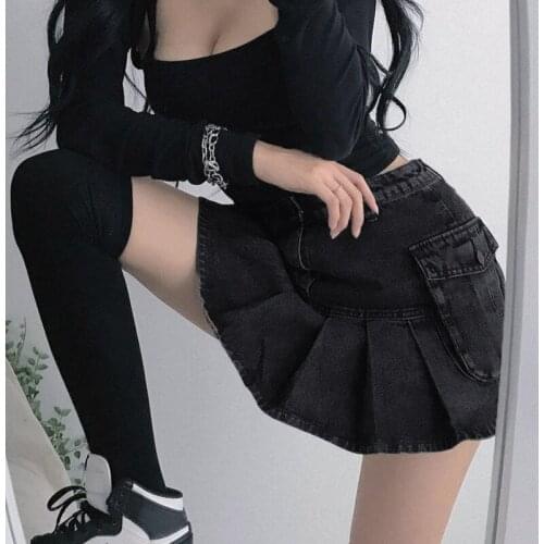 Mall Goth High Waist Jean Skirts Y2K Aesthetics Black Denim Pleated Skirts with Big Pockets Punk E-girl Outfits Sexy Bodycon NEW