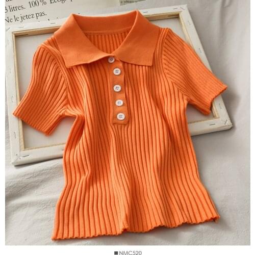Women Ribbed Button Up Polo Shirt Female Chic Plain Short Sleeve Candy Colors Top Stretchy Slim Tee Shirts Knitting blouse women