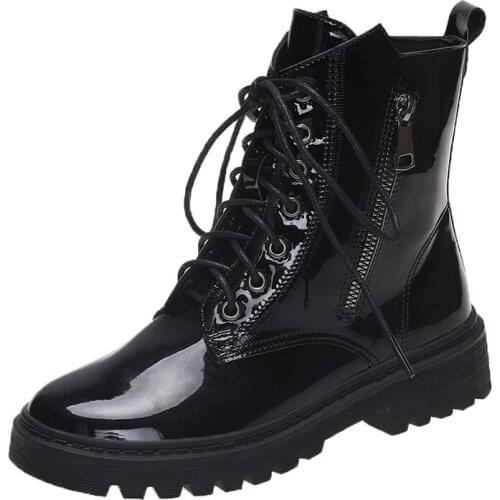 New Round Toe Med Heel Boots Women Shoes Autumn Boots Ladies Lace Up Luxury Designer Lolita Black 2021 Rubber Flat Women Booties