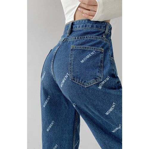 TVVOVVIN Stylish High Street Letter Printed Loose Straight Jeans Women Korean Casual Multi-button Washed Denim Pants WZ81