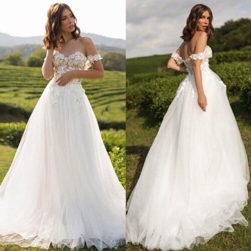 Boho Wedding Dresses for Women 2021 Lace Pearls 3D Flowers Off the Shoulder Bride Dress Couture Bridal Gowns Vestido De Noiva