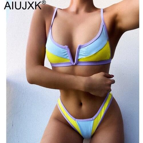 AIUJXK New 2020 Color Block Swimwear Women V Underwire Lingerie Summer Sexy 2 Piece Swimsuit Woman Bra And Panty Underwear Set