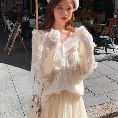 2021 Spring Autumn Korean Style Women White Sweater Hollow Out Flower Cardigans Casual Loose Knit Sweaters Japanese Cute Jersey