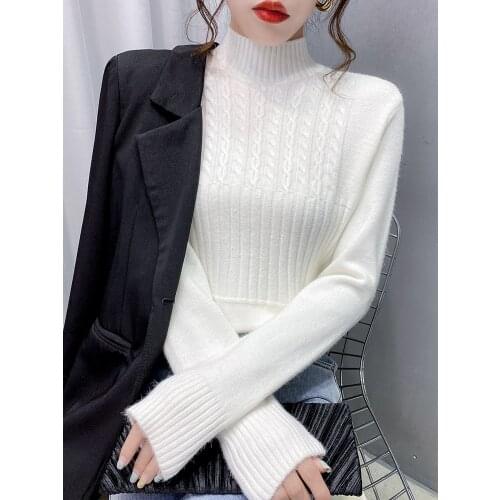 Winter Half-High Collar Sweater Women Slim Short Paragraph Bottoming Sweater Solid Color Lace Thickening Inside Sweater