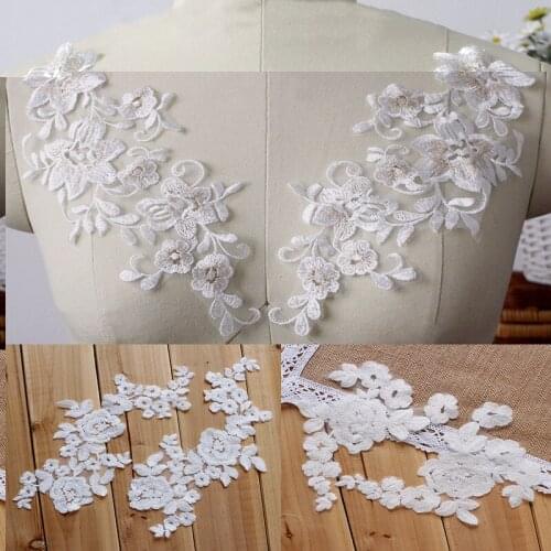 2Pcs=1Pair Embroidered Flower Lace Applique Soft Lace Trim For DIY Wedding Dress Veil Stocking Off White Color