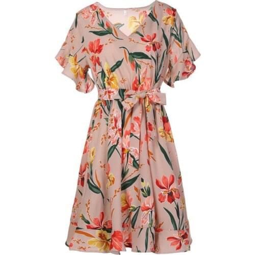 2018 Summer Fashion v neck Printed Dress For Women Chiffon Floral Women Dress Short Sleeve Drape Ruffle Dress Ladies Dresses