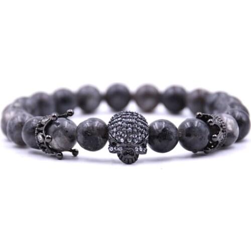 HYHONEY Couple Bracelet 8mm Natural stone Bracelets & Bangles Pave CZ Skull Crown Charms Bracelet Men Jewelry erkek bileklik