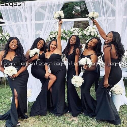 Eeqasn Elegant Mermaid Bridesmaid Dresses Dark Navy Cheap Women wedding party dress with Slit Long Prom Evening Maid Of Honor