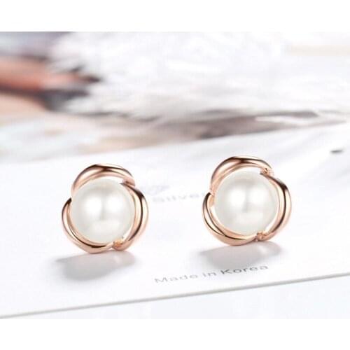 Elegant 925 Sterling Silver Earrings For Women Wedding Jewelry Romantic Pearl Rose Gold Stud Earring Lady Engagement Gift KOFSAC